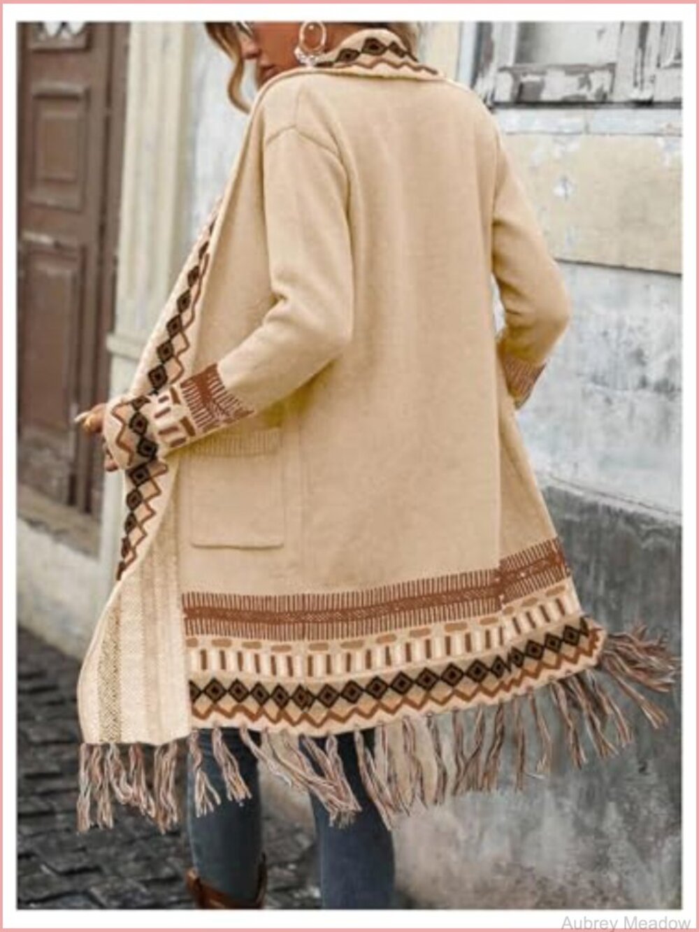 Boho Long Cardigan Sweater Western Fringe Duster Open Front Knit with Pocket - Picture 2 of 5